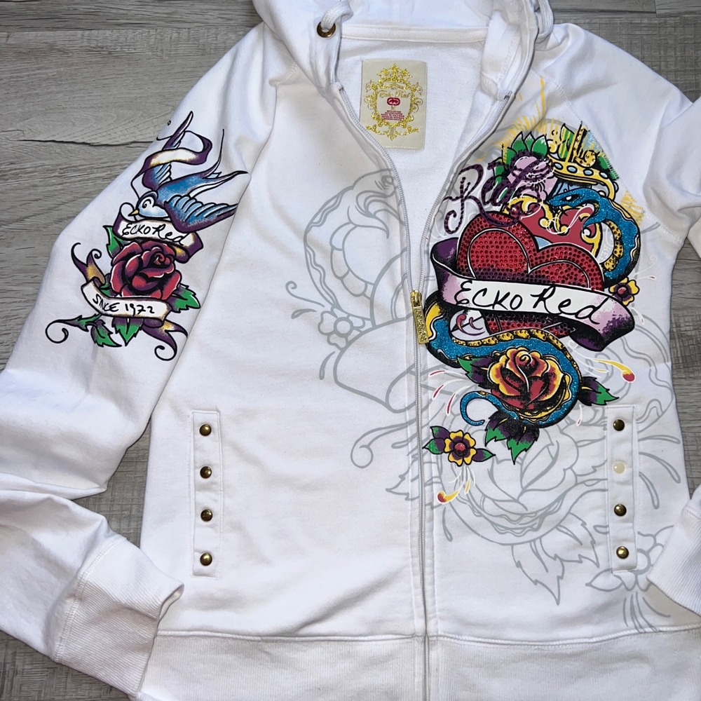 VTG Ecko Red Womens White Tattoo Graphic Zip Up Hoodie Rhinestone Heart Y2K M